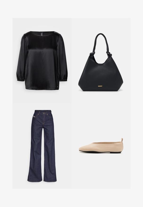 Blusa di raso nera con scollatura quadrata, maniche lunghe a palloncino con polsini elasticizzati e orlo dritto. Tessuto morbido con un design chic e minimalista.; Jeans a gamba larga di denim blu scuro con vita alta, caratterizzati da cuciture arancioni, design a cinque tasche e chiusura con bottone.; Ballerine in pelle beige con un design a profilo basso, punta rotonda e suola in gomma nera, con un piccolo anello posteriore per facilitare l'indossamento.; Borsa a tote in pelle nera con una finitura strutturata, dettagli con manici annodati e logo dorato alla base. Presenta una silhouette morbida.