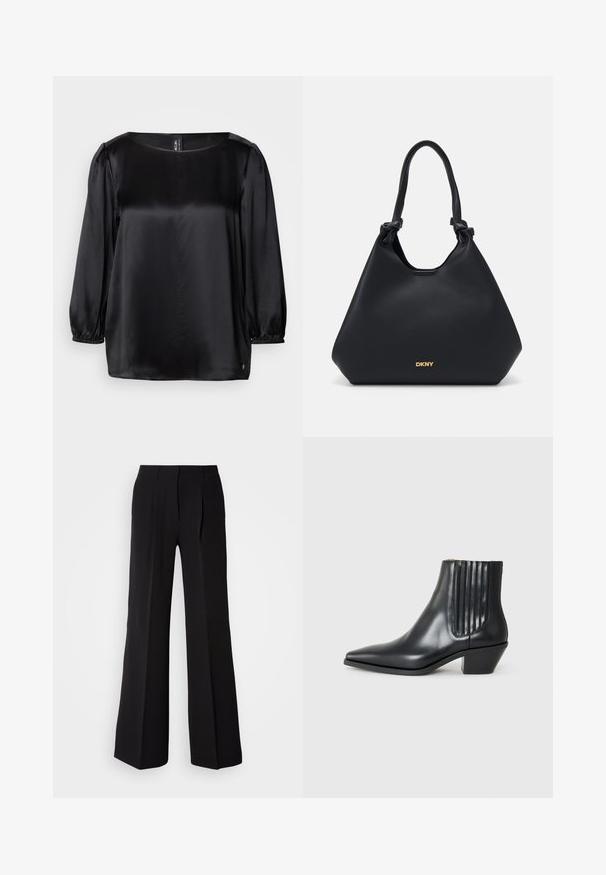 Blusa de satén negra con escote cuadrado, mangas largas abullonadas con puños elásticos y dobladillo recto. Textura suave con un diseño chic y minimalista.; Pantalones negros de tejido suave, con cintura alta, silueta de pierna ancha y dos pliegues frontales para añadir detalle de diseño.; Bota de cuero negra de tobillo con punta afilada, paneles laterales elásticos con ranuras verticales y un tacón bajo y cuadrado. Textura suave y diseño elegante.; Bolso tote de cuero negro con acabado texturizado, acentos de asa anudada y detalle del logo en dorado en la base. Presenta una silueta relajada.