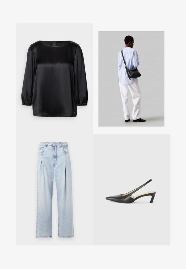 Must mustris, millel ruuduline kaelus, pikad puffvarrukad elastsete mansettidega ja sirge alläär. Sile tekstuur ja šikk, minimalistlik disain.; Heledad sinise denimist valmistatud teksapüksid kõrge vöökohaga, laia jala lõikega, kahe külje taskuga ja pleedi disainiga. Pehme tekstuur ja pleekinud viimistlus.; Must mustaga, terav varvas, madala kontsaga sildiga king, mis on valmistatud siledast nahast ja mille küljel on lõike disain hingavuse tagamiseks.; Must have mustras alasi nahkpatsi, pehme tekstuuriga, kolmnurkse kujuga ja reguleeritava rihmaga, koos helesinise triibulise särgi ja valgete pükstega.