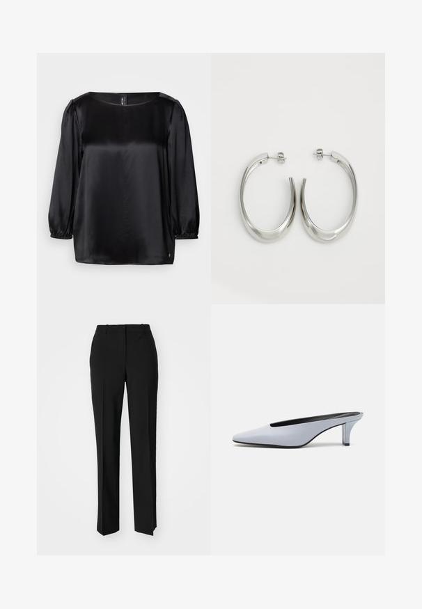 Fekete selyem blúz négyzet alakú dekoltázzsal, hosszú puffos ujjal, rugalmas mandzsettákkal és egyenes aljjal. Simaság jellemzi, stílusos, minimalista dizájnnal.; Fekete, testhezálló nadrág egyenes szárú kivitelben, sima textúrával és éles redőkkel az elején. Nincs látható fémalkatrész.; Világoskék patent bőr mules, hegyes orral, alacsony átlátszó sarokkal, és egy letisztult dizájnnal, amelynek a vampjén kivágás található.; Ezüst karika fülbevalók sima, ívelt formával. Fényes fémes felülettel és tűs zárral rendelkeznek. Nincsenek látható minták vagy kiegészítők.