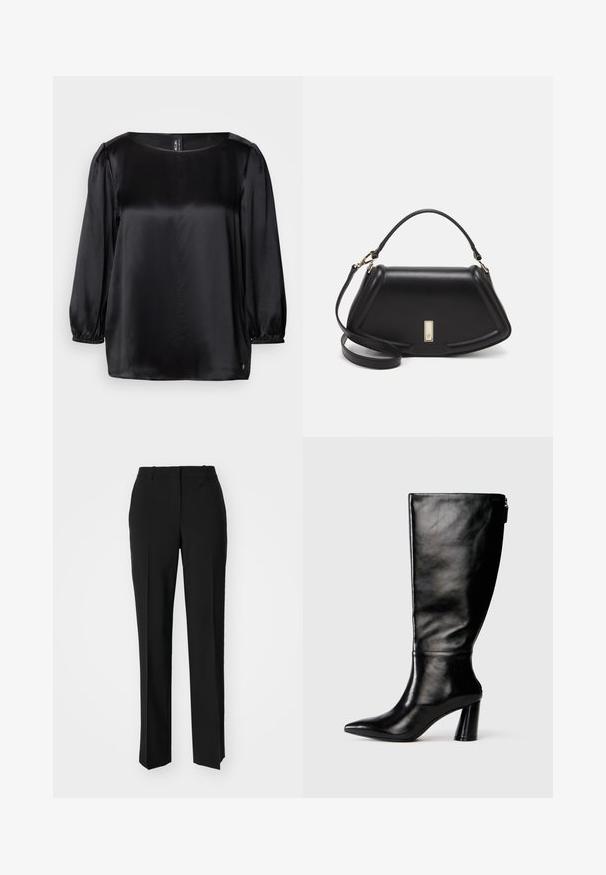 Black satin blouse with a square neckline, long puff sleeves with elastic cuffs, and a straight hem. Smooth texture with a chic, minimalist design.; Black tailored trousers with a straight-leg design, featuring a smooth texture and crisp creases along the front. No visible hardware.; Knee-high black leather boot with a pointed toe, smooth texture, and a chunky heel. Features a zipper detail at the back.; Black leather handbag with a structured design, featuring a cropped shape, top handle, and gold hardware accent. Adjustable shoulder strap included.