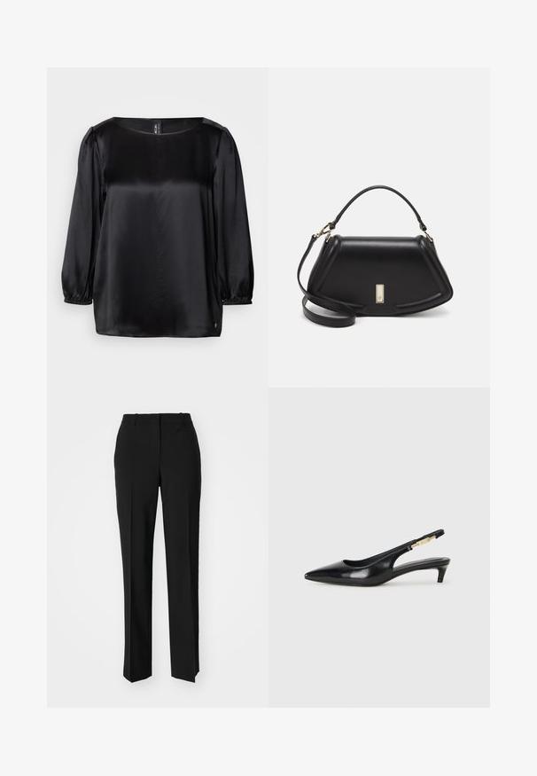 Črna satenasta bluza s kvadratnim izrezom, dolgimi povešenimi rokavi z elastičnimi manšetami in ravnim robom. Gladka tekstura z šik, minimalističnim dizajnom.; Črne krojene hlače s direktnim krojem, ki se ponašajo z gladko teksturo in ostrimi pregibi spredaj. Ni vidne kovine.; Črne usnjene sandale na peto z ostro konico, ki imajo tanko peto in zlat ton na nastavljivem traku. Gladka tekstura.; Črna usnjena torbica s strukturnim dizajnom, ki ima skrajšano obliko, zgornji ročaj in zlate dodatke. Vključena je nastavljiva ramenska naramnica.