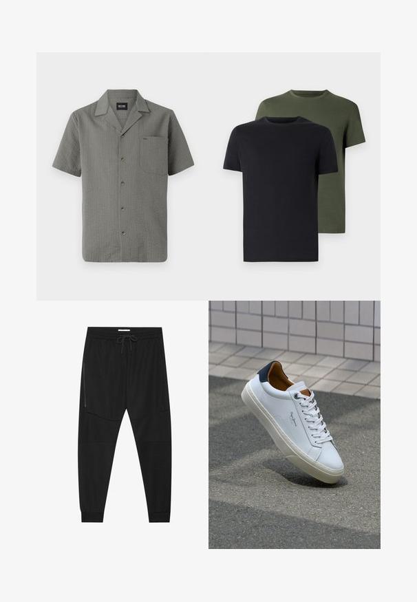 Short-sleeve, gray shirt made of textured fabric, featuring a pointed collar, chest pocket, and dark buttons down the front.; Two crew-neck t-shirts in black and olive green, made of soft cotton fabric. The design is simple with short sleeves and a straight cut.; Black athletic pants made of textured fabric, featuring an adjustable waistband, zippered side pocket, and tapered cuffs.; White leather sneaker with a navy heel, round toe, and contrasting brown accents. Features flat laces and textured rubber sole.