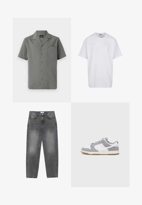 Kortermet, grå skjorte laget av teksturert stoff, med spiss krage, brystlomme og mørke knapper foran.; Hvit bomull t-skjorte med korte ermer, rund utringning, avslappet passform, og ingen synlige logoer eller mønstre. Glatt tekstur og minimalistisk design.; Høyt liv, løstsittende jeans i falmet svart denim. Har fem lommer, beltehemper og et rent, rett ben-design.; Grå og hvite sneakers med overdel i semsket skinn og lær, rund tå, flate lisser, og gummisåle med gummibelegg.