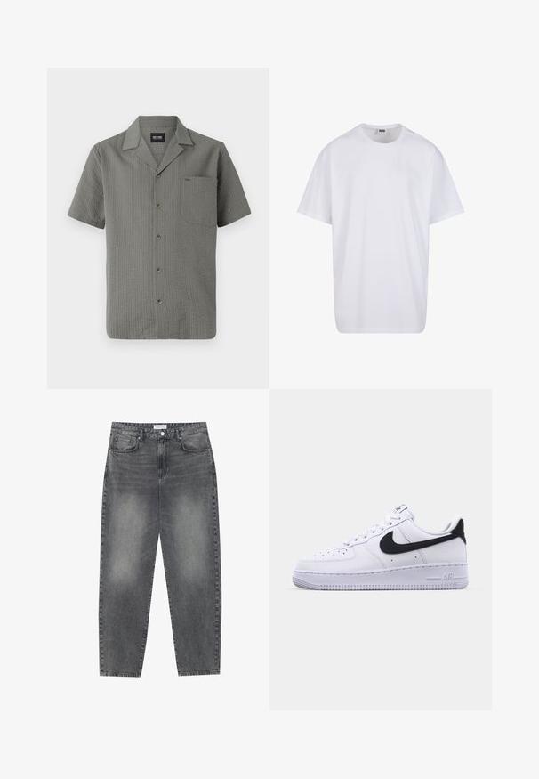 Camisa de manga corta gris hecha de tela texturada, con cuello puntiagudo, bolsillo en el pecho y botones oscuros en la parte delantera.; Camiseta blanca de algodón con mangas cortas, cuello redondo, corte relajado y sin logotipos ni patrones visibles. Textura suave y diseño minimalista.; Jeans de cintura alta y corte holgado en denim negro desgastado. Con cinco bolsillos, pasadores para el cinturón y un diseño de pierna recta y limpia.; Zapatilla blanca de cuero con un Swoosh negro texturizado, cordones planos y una suela de goma con un patrón estriado. "AIR" está grabado en el talón.