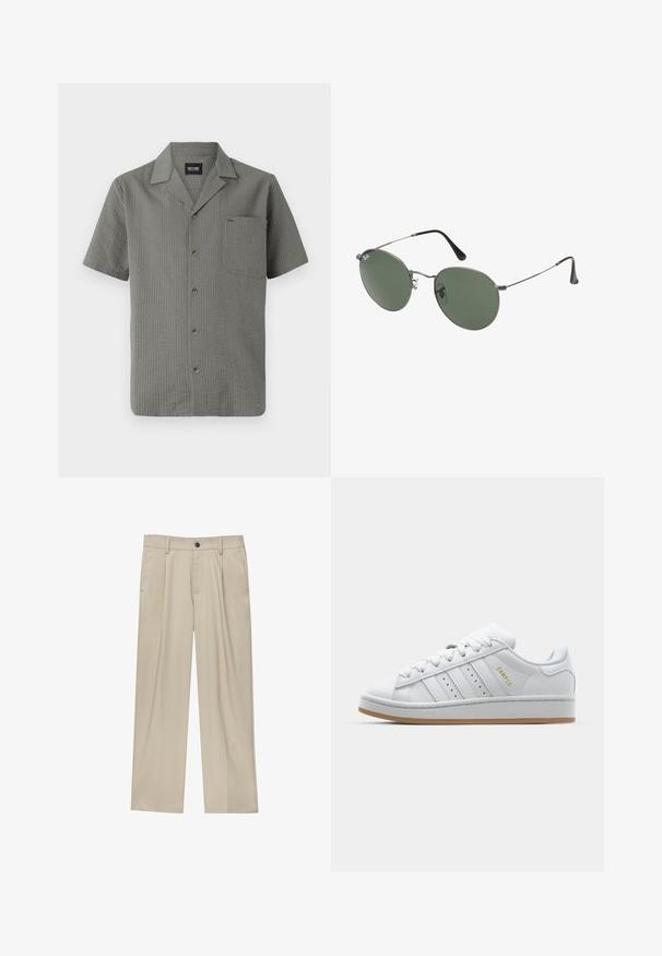 Lyhythihainen, harmaa paita, joka on valmistettu teksturoidusta kankaasta. Paidassa on terävä kaulus, rintatasku ja tummat napit edessä.; Valkoinen puuvillapaita lyhyillä hihoilla, pyöreällä kaula-aukolta ja rentoa istuvuutta. Sujuva pinta ilman näkyviä kuvioita tai korostuksia.; Beige-housut suoran leikkauksen omaavina, joissa on yksi musta nappi, vyölenkit ja sivutaskut. Sileä kangas ja minimalisti muotoilu.; Valkoiset tennarit, joissa on läpikuultava kolmiraidallinen muotoilu, tekstuuriset korostukset, kumipohja ja kultainen "CAMPUS" -logo sivulla.; Aurinkolasit metallikehyksillä, joissa on soikeat vihreät linssit. Ohut hopeinen metallikehys ja mustat korvapehmusteet. Minimalistinen muotoilu, ei näkyviä logoja.