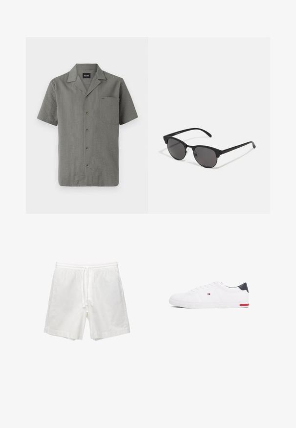 Kortærmet, grå skjorte lavet af struktureret stof, med en spids krave, brystlomme og mørke knapper ned ad fronten.; Hvide bomuldsbukser med elastisk talje og snøre, sidelommer og lige snit med færdige kanter.; Hvide low-top sneakers lavet af glat læder. Har en marineblå hælkappe og en rød detalje på sålen. Seks snørehuller.; Sorte solbriller med runde linser, mat finish og karakteristisk katteøje-form. Slanke arme med subtil branding på venstre stel.