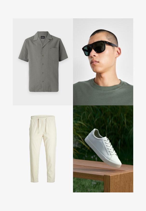 Short-sleeve, gray shirt made of textured fabric, featuring a pointed collar, chest pocket, and dark buttons down the front.; Light cream jogger pants with an elastic waistband, adjustable drawstring, and tapered ankles, made from a soft, textured fabric.; White lace-up sneaker hovering above wooden bench with green foliage in the background, showcasing shoe design and texture.; Black rectangular sunglasses with dark lenses, featuring a distinctive shape and branding on the temple. Worn by a person in a green shirt.