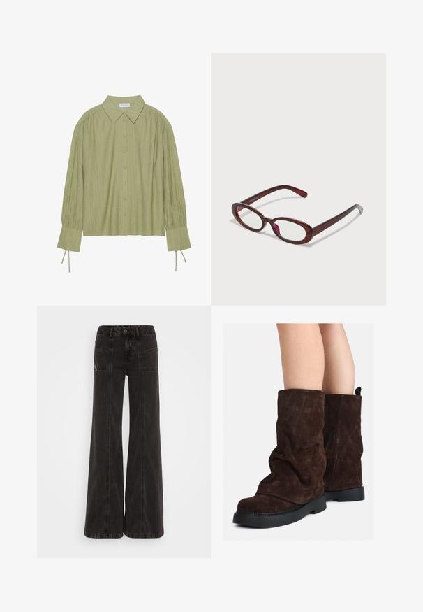 Light green long-sleeve shirt with a button-up front, collar, textured fabric, and tie details at the cuffs. Straight hem design.; Black wide-leg jeans made of denim, featuring a high waist, front pockets, and tonal stitching along the seams.; Brown suede mid-calf boots with black rubber soles worn on bare legs, showing slight wrinkling on the boot shafts.; Oval-shaped red sunglasses with clear lenses and sleek brown frames. The design features subtle curves and minimal hardware.