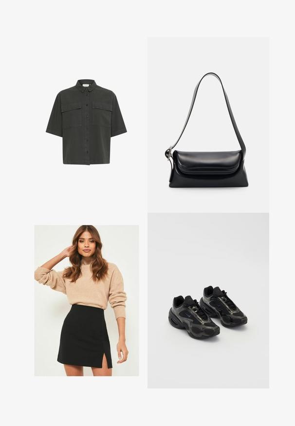 Tummanvihreä lyhythihainen paita nappilistalla, kahdella rintataskulla ja klassisella kauluksella. Valmistettu kevyestä kankaasta, jossa on sileä pinta.; Beige neulepaita, jossa on röyhelöhiha, yhdistetty mustaan mini-hameeseen, jossa on sivuaukko. Asu on rento mutta kuitenkin hyvin istuva.; Musta urheilukengät, joissa on synteettistä materiaalia, verkkomäisiä yksityiskohtia ja pyöristetyt pohjat. Varustettu nauhakiinnityksellä ja näkyvällä Nike-logoilla kengän kielessä.; Musta nahkainen käsilaukku, jossa on jämäkkä muoto, sileä pinta ja yksi olkahihna. Sisältää hienovaraisen, pyöristetyn läppädesignin.; Hopeakotoinen Casio kvartsikello, jossa on suorakaiteen muotoinen kellotaulu, analoogiset ja digitaaliset näytöt, ruostumattomasta teräksestä valmistettu ranneke sekä vedenkestävyysominaisuudet.