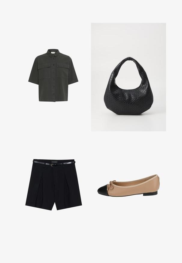 Camicia a maniche corte di colore verde scuro con chiusura frontale a bottoni, due tasche sul petto e colletto classico. Realizzata in un tessuto leggero con una texture liscia.; Pantaloni corti neri su misura con pieghe, dotati di una cintura nera sottile con una fibbia dorata. Realizzati in un tessuto liscio, per un aspetto elegante.; Ballerine in pelle beige con punta nera. Presenta un dettaglio a fiocco sul davanti e una texture liscia. Design a profilo basso con suola in gomma.; Borsa nera intrecciata con manico curvo, caratterizzata da una superficie testurizzata e una forma morbida. Finitura liscia con una silhouette organica.