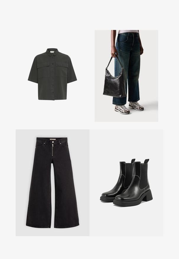 Krótki rękaw ciemnozielonej koszuli z zapięciem na guziki z przodu, dwoma kieszeniami na piersi i klasycznym kołnierzykiem. Wykonana z lekkiego materiału o gładkiej fakturze.; Jeans o szerokich nogawkach w czarnym denienie z zamkiem błyskawicznym z przodu, pięcioma kieszeniami i subtelnymi detalami przeszycia. Gładka tekstura i swobodny styl.; Czarne skórzane botki Chelsea na mocnej podeszwie, z elastycznymi panelami bocznymi i kontrastującym białym ściegiem. Teksturowane wykończenie.; Czarna skórzana torba na ramię o gładkiej fakturze i regulowanym pasku, w zestawieniu z wyblakłymi dżinsami typu wide-leg i sportowymi butami.