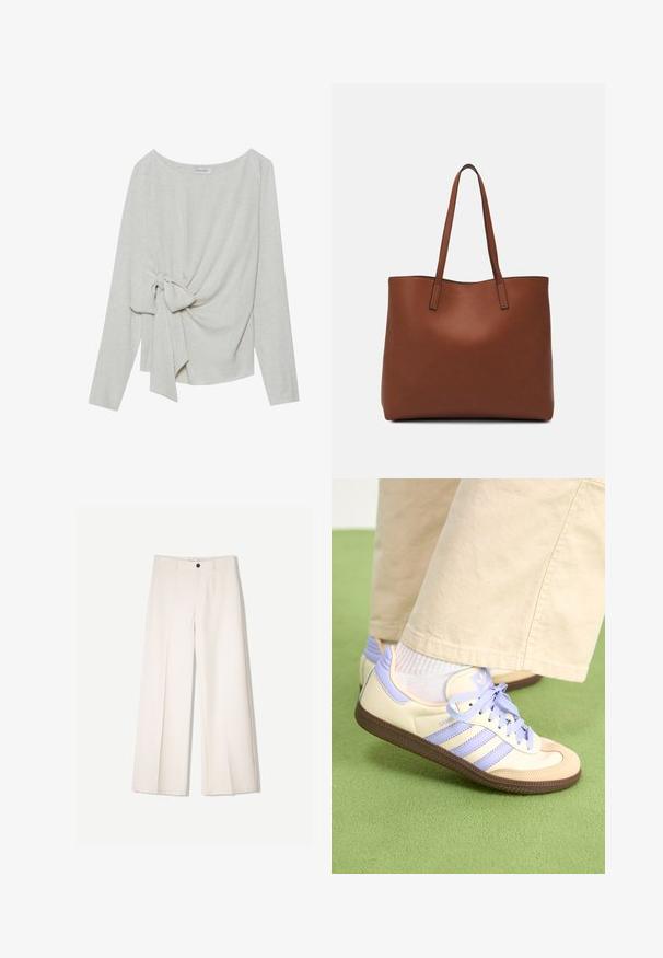 Maglia a maniche lunghe in misto lino beige chiaro, con un dettaglio a nodo attorcigliato su un lato, scollatura rotonda e vestibilità ampia.; Pantaloni larghi color crema con design sartoriale, dotati di due tasche frontali e una chiusura con bottone anteriore, realizzati in tessuto liscio.; Sneakers crema e lavanda con tre strisce e suola marrone texturizzata, dotati di lacci e tallone imbottito. Parte superiore in tessuto morbido.; Borsa tote in pelle marrone con texture liscia, design con apertura superiore e due spallacci. Presenta cuciture minime e nessun hardware visibile.