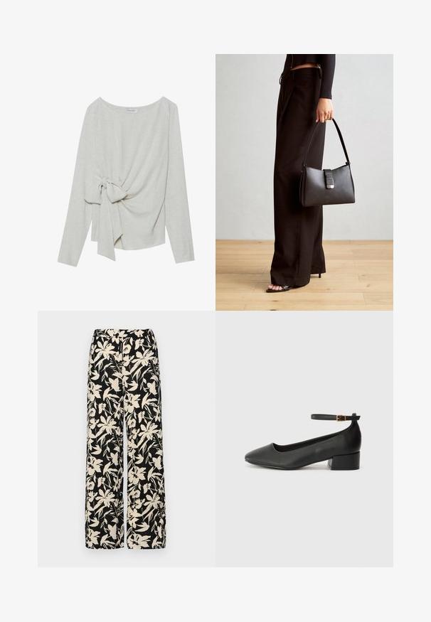 Gari ar garām piedurknēm no gaismas bežā lina maisījuma, ar savītas mezgla detaļu vienā pusē, apaļu kakla izgriezumu un brīvu piegriezumu.; Melni platie bikses ar krēmkrāsas ziedu rakstu. Izgatavotas no viegla auduma, kuram ir gluda tekstūra un augsta jostasvietas daļa.; Melnas ādas sūkņi ar smailu purngalu un zemu bloku papēdi. Iezīmēts ar potītes siksniņu ar zelta krāsas sprādzi. Gluda tekstūra.; Melnā somiņa ar strukturētu formu, gludu tekstūru un metālu sprādzi. Saskaņota ar platām melnām biksēm un sandālēm ar atvērtu purngalu uz koka grīdas.