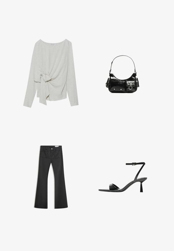 Dolga majica z dolgimi rokavi iz svetlo bež mešanice lanenega blaga, ki ima na eni strani zavezano vozlišče, okroglo izreza in ohlapen kroj.; Črne flare traperke z gladko teksturo, opremljene z dvema zadnjima žepoma in gumbnim zapiranjem v pasu.; Bershka Sandali z visoko peto - black; Črna lakasta usnjena torbica s ukrivljeno obliko, enim ramenskim trakom, sprednjimi žepi in srebrnimi kovinskimi dodatki.