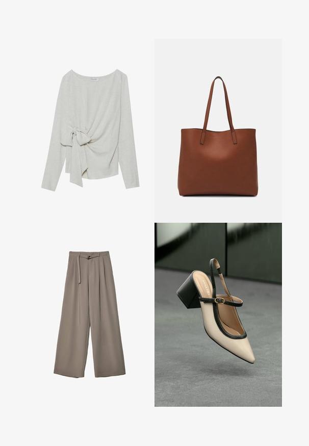 Langärmliges Oberteil aus leichtem beigen Leinenmix mit einer gedrehten Knotendetail auf einer Seite, runder Ausschnitt und lockere Passform.; Weite Hose aus einem weichen, gedämpften grauen Stoff, mit einem taillierten Bund und Falten für zusätzliche Design-Details. Glatte Textur, keine Muster.; Beiger Slingback-Pumps mit spitz zulaufender Schuhspitze, schwarzem Besatz und Schnallendetail. Glattes Material mit matter Oberfläche, mittelhoher Blockabsatz.; Braune Leder-Tote mit glatter Textur, offenem Oberteil und zwei Schulterriemen. Verfügt über minimale Nähte und keine sichtbaren Beschläge.