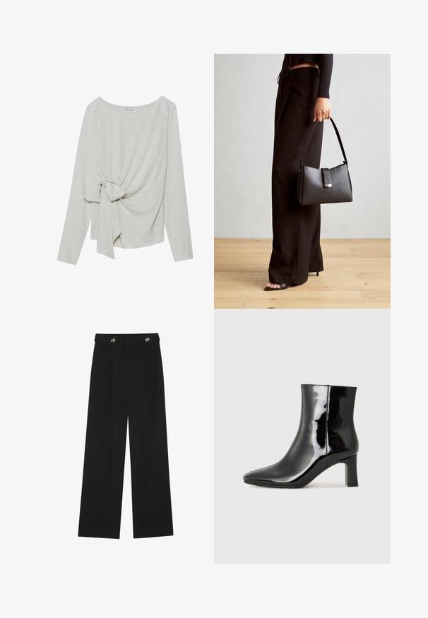 Long-sleeve top in light beige linen blend, featuring a twisted knot detail on one side, round neckline, and a loose fit.; Black wide-leg trousers with high waist, button details on waistband, and front pleats.; Black patent leather ankle boot with a pointed toe and a mid-height block heel. Smooth texture and minimalist design.; Black handbag with structured shape, smooth texture, and a metallic clasp. Paired with wide black pants and open-toe sandals on wooden floor.