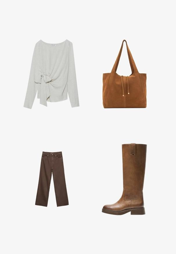 Langärmliges Oberteil aus leichtem beigen Leinenmix mit einer gedrehten Knotendetail auf einer Seite, runder Ausschnitt und lockere Passform.; Weite braune Jeans aus Denim, mit hoher Taille, Fronttaschen und klassischem Knopfverschluss. Glatte Textur mit feinen Nähten.; Braunes Leder-Knöchelhochstiefel mit abgerundetem Zeh, strukturiertem Obermaterial und niedrigem, gestapeltem Absatz. Verfügt über ein seitliches Einsätzen und eine Ziehschlaufe an der Oberseite.; Braune Wildleder-Tasche mit zwei langen Trägern, Zugverschluss und minimalistischem Design. Glatte Textur und keine sichtbaren Hardware-Details.