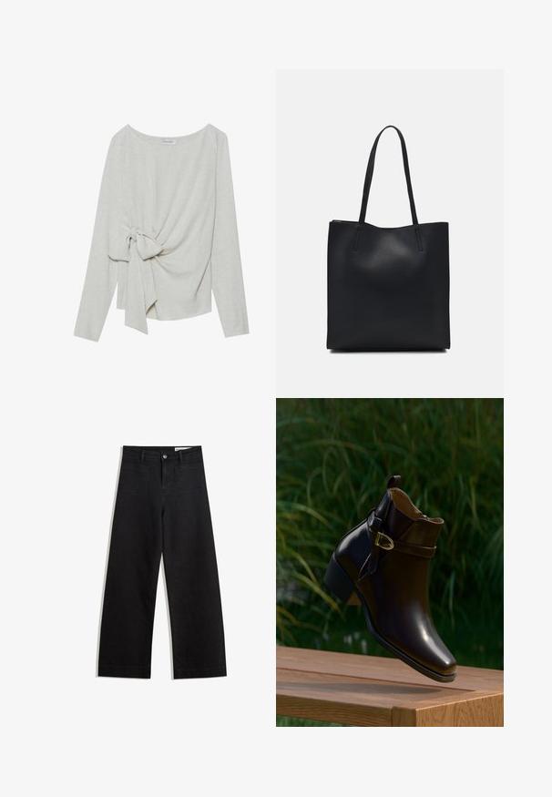 Dlouhý rukáv top v světle béžové směsi lnu, se zkrouceným uzlem na jedné straně, kulatým výstřihem a volným střihem.; Černé denimové kalhoty s volným střihem a vysokým pasem, vybavené předními a zadními kapsami, prošívanými švy a knoflíkovým zapínáním. Hladká textura.; Lesklé tmavě hnědé kotníkové boty s nízkým podpatkem a zlatou sponou plavající nad dřevěným povrchem, pozadí tvořené zelenou trávou.; Černá kožená taška přes rameno s hladkým povrchem, obdélníkovým tvarem a dvěma dlouhými uchy. Žádné viditelné kování ani ozdoby.