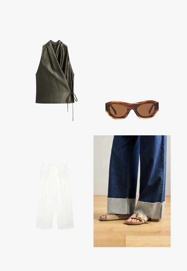 Oliven grøn ærmeløs top med indpakningsdesign, lavet af et glat, skinnende stof. Har en knyttet detalje i siden for justerbar pasform.; Hvide bukser med vidde lavet af et let materiale, som har en flad front, læg og en taljebånd, der giver en løs og luftig pasform.; Fødder iført beige Birkenstock-sandaler med guldspænder, parret med mørkeblå denimjeans, der er rullet op ved manchetten, stående på trægulv.; Solbriller med skildpadde-skal ramme, brune gradient-linser og en elegant katteøje-form. Fremstillet af letvægtsplastik med en blank finish.; Vevet brun håndtaske med rektangulær form, struktureret håndtag og tekstureret overflade. Har en lukket top og et indviklet vævemønster.