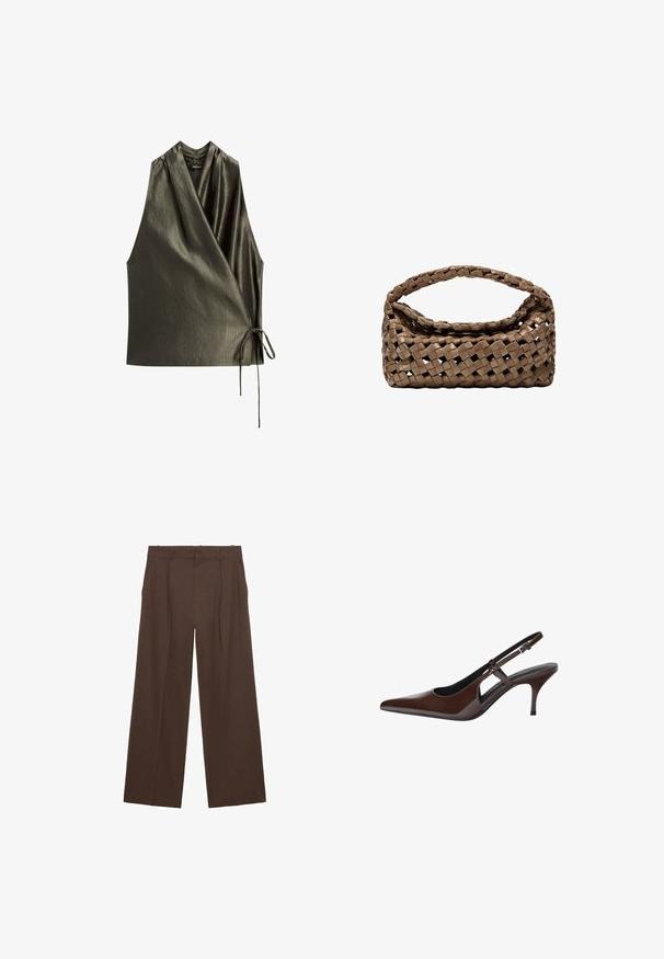 Olivgrünes ärmelloses Oberteil mit Wickeldesign, hergestellt aus einem glatten, glänzenden Stoff. Verfügt über eine gebundene Akzent an der Seite für eine verstellbare Passform.; Braune weit geschnittene Hosen aus einem glatten Stoff, mit hoher Taille, vorderen Falten und zwei seitlichen Taschen.; Braune Lackleder-Slingback-Pumps mit spitzem Zeh, offenen Ausschnitten und dünnem Absatz. Mit verstellbarem Schnallenriemen.; Geflochtener brauner Handtasche in rechteckiger Form, mit strukturiertem Griff und texturierter Oberfläche. Verfügt über einen geschlossenen oberen Teil und ein ausgeklügeltes Geflechtmuster.