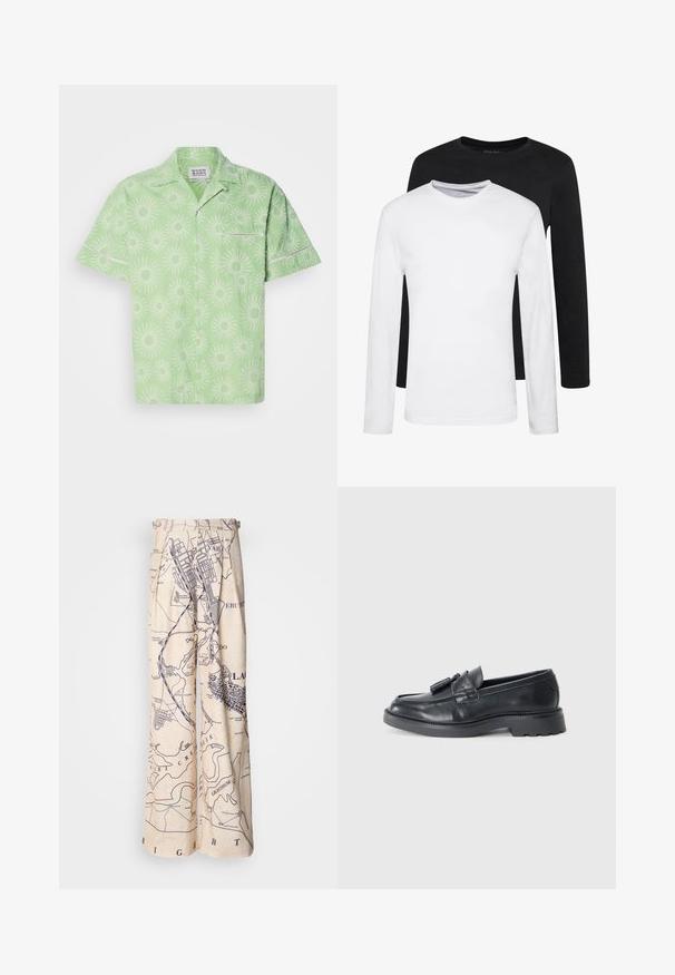 Camicia a maniche corte di colore verde chiaro con un motivo a raggiera bianco, dotata di chiusura a bottone e una piccola tasca sul petto. Tessuto testurizzato.; Due camicie a manica lunga, una nera e una bianca, realizzate in cotone con scollo rotondo e una texture liscia, esposte in un disposizione impilata.; Pantaloni a gamba larga con stampa mappa in navy su sfondo beige, con dettagli plissettati in vita e una vestibilità rilassata.; Mocassini in pelle nera con punta arrotondata, una fascia con nappine e una suola spessa con motivo a trazione. Texture liscia e design classico.