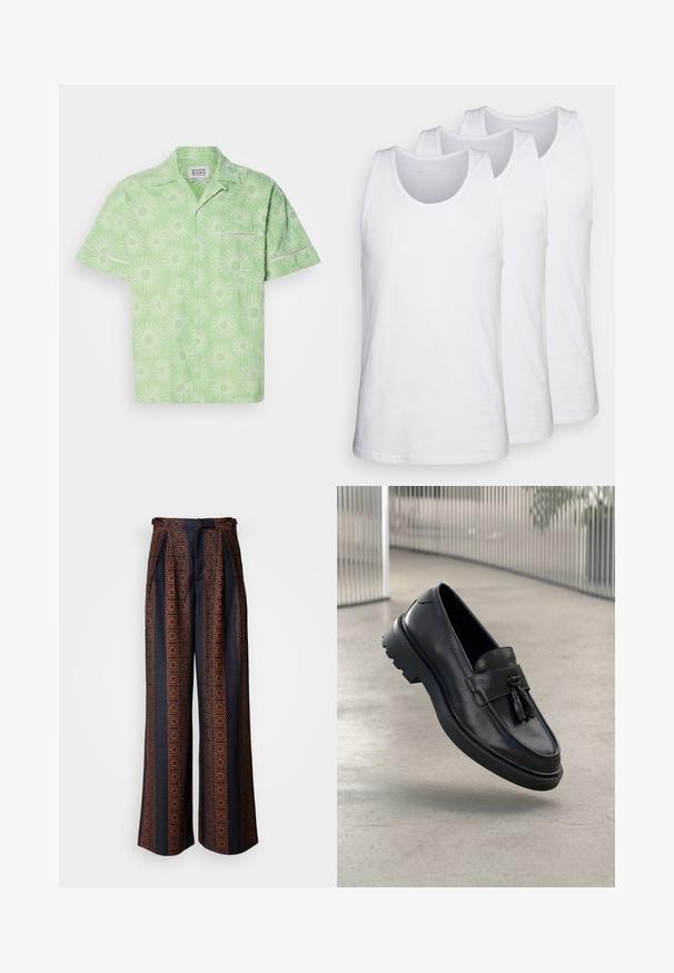 Camicia a maniche corte di colore verde chiaro con un motivo a raggiera bianco, dotata di chiusura a bottone e una piccola tasca sul petto. Tessuto testurizzato.; Pacco di tre canottiere bianche in cotone, con scollatura rotonda e design senza maniche, superficie liscia e vestibilità standard.; Pantaloni a gamba larga in tessuto blu scuro con un intricato motivo geometrico arancione, con vita aderente e pieghefrontali.; Mocassini in pelle nera con finitura liscia, nappe decorative, suola spessa in gomma e dettagli cuciti. Design leggero ed elegante.