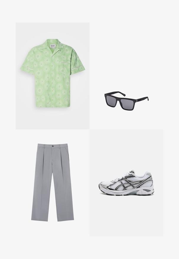 Valkoinen auringonsäteitä esittävän kuviollisen, lyhythihaisen vaaleanvihreän paidan, jossa on nappisulku ja pieni rintatasku. Pintakuvioitu kangas.; Harmaat taitetut housut rentoa istuvuutta, valmistettu kevyestä kankaasta. Ominaisuuksiin kuuluvat etutaskut ja nappikiinnitys vyötäröllä.; Valkoinen urheilusandaali, jossa on verkkomateriaali päällinen, mustat yksityiskohdat ja hopeiset yksityiskohdat. Varustettu pehmustetulla pohjalla ja nauhatekniikalla tuen tarjoamiseksi.; Mustat suorakulmaiset aurinkolasit tummilla linsseillä, matta viimeistelyllä ja logoyksityiskohdalla temppelissä. Suunnittelussa on suorat reunat ja paksut kehykset.