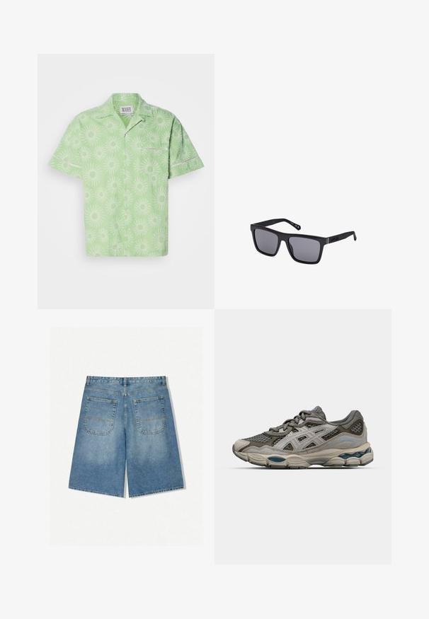 Kratke rukave, svijetlozeleni majica s uzorkom sunčanog sjaja u bijeloj boji, s kopčanjem na dugme i malim džepom na prsima. Teksturirana tkanina.; Traperice kratke hlače svijetloplave boje s opuštenim krojem, s dva stražnja džepa i vidljivim šavovima. Tkanina ima mekan i gladak teksturu.; Sive i bež sportska cipela s mrežastim panelima, točkastom teksturom i srebrnim detaljima. Ima podstavljeni potplat i dizajn sa vezicama.; Crne pravokutne sunčane naočale s tamnim lećama, mat završetkom i detaljem logotipa na ručki. Dizajn ima ravne rubove i debele okvire.
