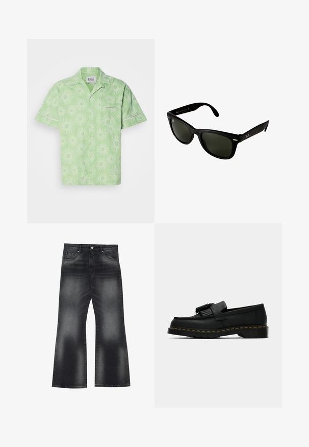 Šviesiai žalia trumpų rankovių marškinėliai su baltu saulės spindulio raštu, su mygtukų uždarymu ir mažu krūtinės kišeniu. Strukturizuota medžiaga.; Juodi džinsai su platėjančiais apatiniais, švelniai blukusia spalva, penkiais kišenėmis ir kontrastinėmis siūlėmis, turintys šiek tiek plačią kojų angą.; Juodas oda loaferis su kutais, geltona siūlė aplink padą ir storas, briaunotas guminis padas.; Juodos plastikinės saulės akinius su tamsiai žaliai objektyvais. Kvadratinis rėmelis su sidabriniais akcentais ir išreljefiu logotipu šventyklos srityje.