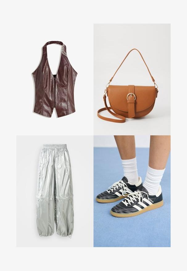 Burgundy faux leather halter top with a deep V-neck, featuring a zipper closure at the front and gathered accents at the neckline.; Silver lightweight cargo pants with a shiny texture, elastic waistband, gathered cuffs, and two large front pockets.; Black leather sneakers with white stripes, round toe, white laces, and gum rubber sole. Accentuated by padded collar and branding details.; Brown leather crossbody bag with a curved shape, gold hardware, and a buckle accent. Features a detachable shoulder strap.