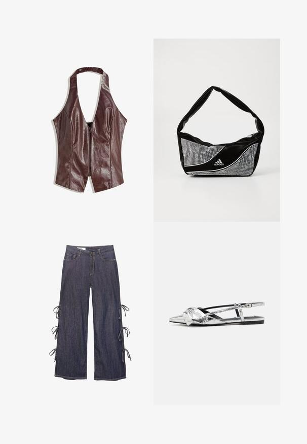 Top halter in ecopelle bordeaux con scollatura a V profonda, caratterizzato da una chiusura con zip sulla parte anteriore e dettagli arricciati sul collo.; Pantaloni in denim a gamba larga di colore blu scuro, con legature laterali e chiusura a bottone. Presentano tasche frontali e una silhouette rilassata.; Ballerine slingback metalliche argento con punta affusolata, caratterizzate da un dettaglio annodato sul davanti e una fascia regolabile per una vestibilità sicura.; Borsa adidas nera e argento con una texture liscia, caratterizzata da un motivo borchiato lucido e un design curvo distintivo.