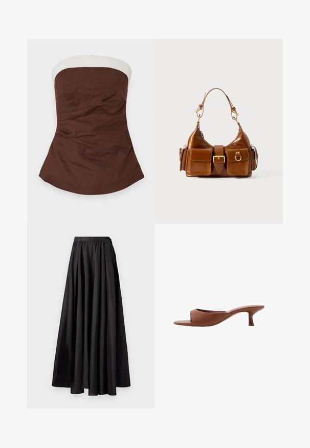 Top maro fără bretele, cu o bandă albă la decolteu, realizat dintr-un material texturat și cu o siluetă în formă de A, având detalii plisate.; Fustă maxi neagră, confecționată dintr-un material neted, cu un brâu plisat, siluetă completă în formă de A și un design minimalist, fără accesorii vizibile.; Mule-uri cu toc deschis, de culoare maro, cu un finisaj neted și mat, având un design curbat și un toc transparent, conic.; Geantă de mână din piele maro, cu o formă curbată, accesorii din metal auriu dual, două buzunare frontale și o curea lată. Textură netedă cu un finisaj elegant.
