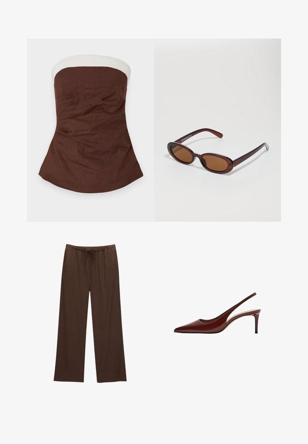 Ruskea olkaimeton yläosa, jossa on valkoinen nauha kaula-aukon ympärillä. Yläosassa on teksturoitu kangas ja A-linjainen siluetti, jossa on laskostusta.; Ruske leve široke hlače izdelane iz mehkega materiala, z elastičnim pasom in vrvico ter dvema stranskima žepoma.; Punainen patenttinaineesta valmistettu slingback-korkokenkä, jossa on teräväkärkinen malli, ohut korko ja avonainen takasuunnittelu. Sileä pinta ja vähäiset yksityiskohdat.; Pyöreät, ruskehtavat aurinkolasit, joissa on kiiltävä burgundinpunainen runko. Kapeat sivut, joissa on hienovarainen brändäys. Litteät linssit.
