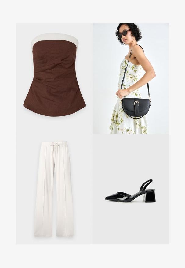 Brown strapless top with a white band at the neckline, featuring a textured fabric and an A-line silhouette with gathered detailing.; Light beige sweatpants made of soft fabric, featuring a drawstring waist, wide legs, and vertical seams, with a smooth texture.; Black patent leather slingback heels with a pointed toe and a geometric block heel. Features a sleek, minimal design and smooth texture.; Black leather handbag with a curved shape, detachable strap, and gold hardware. The bag features a flap with a buckle detail.