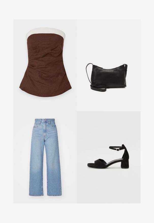 Top marrone senza spalline con un bordo bianco al collo, caratterizzato da un tessuto testurizzato e una silhouette a linea A con dettagli arricciati.; Jeans a vita alta blu chiaro con gamba larga, chiusura frontale con bottone e zip, tasche anteriori e posteriori, su uno sfondo bianco.; Sandali con tacco in suede nero, con una sottile fascia alla caviglia, design open toe e un discreto tacco a blocco. Texture liscia e decorazioni minime.; Borsa a spalla in pelle nera con una texture liscia, forma curva, tracolla regolabile e chiusura con zip. Design minimalista senza ornamenti.