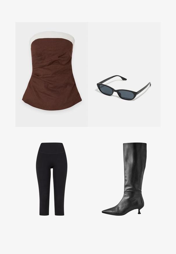 Rudas be rankovių palaidinė su balta juosta aplink kaklą, pasižyminti tekstūruota medžiaga ir A formos siluetu su surinkimu.; Juodos kelnių ilgio tamprės, pagamintos iš tampraus audinio, su aukšta liemene ir be matomų raštų ar detalių.; Juodos odinės iki kelių aukštakulnės botai su smailiu nosiu ir mažu blokiniu kulnu, pasižymintys lygiu paviršiumi ir stilinga siluetu.; Juodos katės akies formos saulės akinių rėmas su tamsiais objektyvais, plastikinis rėmas, siauri šonai ir subtilus ženklinimas vidinėje dalyje. Matinis paviršius.; Sidabriniai metaliniai Auskarai su banginiu, skulptūriniu dizainu, pasižymintys poliruotu paviršiumi ir nereguliariomis formomis, išryškinančiomis šiuolaikišką estetiką.