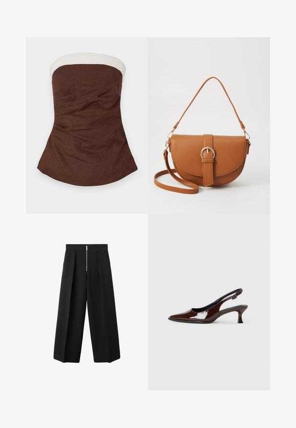 Haut sans bretelles couleur marron avec une bande blanche au niveau de l'encolure, présentant un tissu texturé et une silhouette en A avec des détails froncés.; Pantalons noirs à jambe large avec plis avant et une fermeture éclair argentée visible à la taille, devant plat, et poches latérales.; Chaussure slingback en cuir verni marron avec un bout pointu et un talon modéré. Elle est dotée d'une sangle à boucle pour un ajustement sécuritaire. Texture lisse.; Sac bandoulière en cuir marron avec une forme incurvée, quincaillerie dorée et un accent en boucle. Comprend une bandoulière détachable.