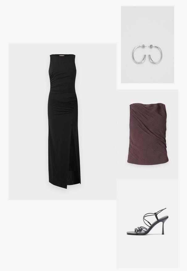 Samsøe Samsøe VIRA - Top - raisin; Vestido largo sin mangas negro con detalles fruncidos en el torso y una abertura alta en un lado. Fabricado con un tejido suave y elástico.; Las sandalias negras de tacón alto presentan finas correas con un diseño anudado, una punta cuadrada suave y un elegante tacón de aguja.; Bolso de mano metálico gris claro con una cadena como asa, adornado con pequeños remaches metálicos circulares y un logotipo de marca en forma triangular.; Pendientes de aro plateados con una superficie lisa y brillante, caracterizados por una forma curva y cierre de poste. Diseño minimalista con un acabado moderno.