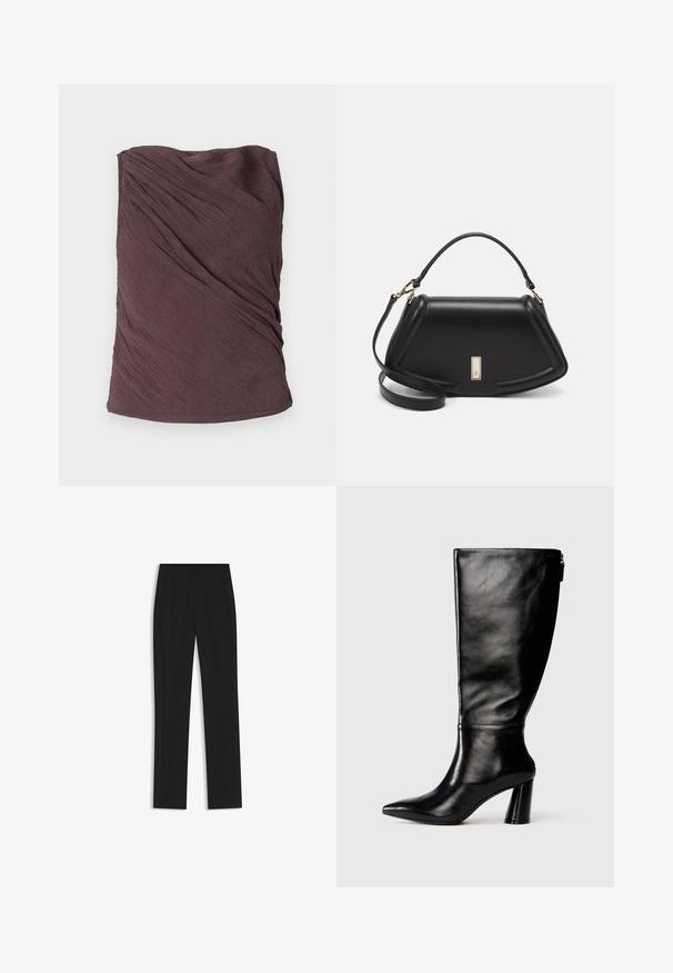 Samsøe Samsøe VIRA - Top - raisin; Pantalones de traje negros con un diseño de pierna recta, que cuentan con bolsillos delanteros y una tela suave y texturizada. Detalles limpios y minimalistas.; Bota de cuero negro hasta la rodilla con punta afilada, textura suave y un tacón grueso. Presenta un detalle de cremallera en la parte de atrás.; Bolso de mano de cuero negro con un diseño estructurado, que presenta una forma recortada, asa superior y acentos en dorado. Correa de hombro ajustable incluida.