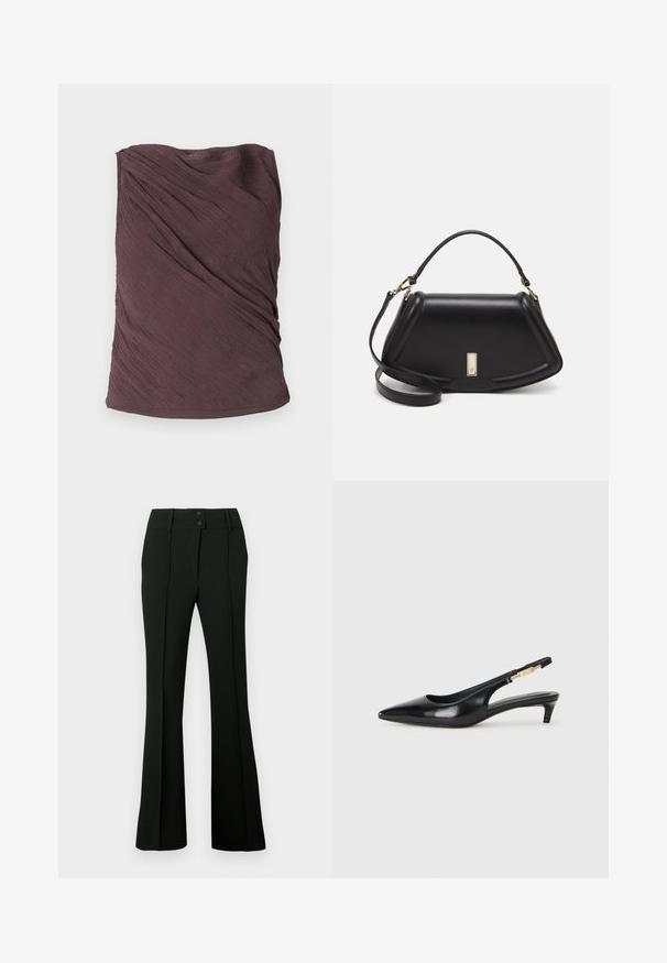 Samsøe Samsøe VIRA - Top - raisin; Zwarte uitlopende broek met gladde stof, een hoge tailleband met twee knopen en voorplooien, die een op maat gemaakte uitstraling geven.; Zwarte leren slingback hakken met een spitse neus, voorzien van een slanke hak en een goudkleurige accent op de verstelbare band. Gladde textuur.; Zwarte leren handtas met een gestructureerd ontwerp, featuring een verkorte vorm, bovenhandvat en gouden hardwareaccent. Inclusief verstelbare schouderband.
