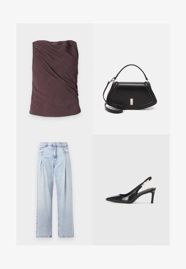 Samsøe Samsøe VIRA - Top - raisin; Light blue denim jeans with a high waist, wide-leg cut, two side pockets, and pleated design feature. Soft texture with a faded finish.; Black leather slingback high-heeled shoe with a pointed toe, smooth texture, and a narrow ankle strap featuring gold hardware accents.; Black leather handbag with a structured design, featuring a cropped shape, top handle, and gold hardware accent. Adjustable shoulder strap included.