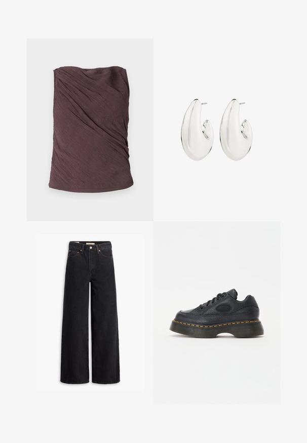 Samsøe Samsøe VIRA - Top - raisin; Schwarze weite Jeans aus Denim mit fünf Taschen, Kupferrivets und einem klassischen Knopfverschluss. Glatte Textur mit einem klaren Design.; Schwarze Ledersneaker mit strukturiertem Finish, rundem Zeh und dicker Plattformsohle. Mit gelben Akzentnähten und gebrandetem Seitenlogo.; Silberfarbene Ohrringe mit einem länglichen, geschwungenen Design. Glatte, reflektierende Oberfläche mit einem durchstochenen Post-Rückteil.