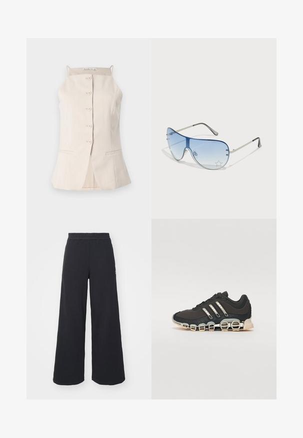 Beige, ujjatlan felső, egyenes szabással, elöl gombos záródással és két oldalsó zsebbel. Simább anyagból készült, strukturált kialakítással.; Fekete, bő szárú melegítőnadrág, puha anyagból készült, rugalmas derékkal és egy kis logóval a bal oldalon.; Fekete sportcipő texturált felsőrésszel, három ezüst csíkkal, és egy jellegzetes párnázott talppal, amely több integrált szakaszból áll.; Pilóta napszemüveg, melynek áttetsző kék lencséje, ezüst fém kerete és díszes csillag díszítések találhatók a lencsén. Simogató és elegáns dizájn.