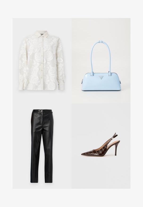 Balta siuvinėta bluzonė su gėlių raštu, mygtukais priekyje ir ilgomis rankovėmis. Yra tekstūruota medžiaga ir standartinė apykaklė.; Juodos dirbtinės odos kelnės su krokodilo raštu, siauras kirpimas, tiesaus kirpimo dizainas, su priekiniais sagos uždarymu ir standartine juosmens juosta.; Ruda, krokodilo raštuota odinė slingback aukštaaulė su smailiu nosiu, atvirais šonais ir plonu aukštu kulnu. Sukurta su sagties reguliavimu.; Šviesiai mėlyna rankinė su struktūriška forma, lygaus odos paviršiaus, dviem rankenomis ir trikampiu prekės ženklo logotipu priekyje. Užtraukiama uždanga.