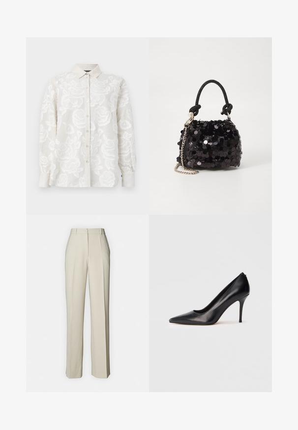 Bílá vyšívaná blůza s květinovým vzorem, předním zapínáním na knoflíky a dlouhými rukávy. Má texturovanou látku a standardní límec.; Beige kalhoty na míru se rovný střih, přední sklady, plochý pas a hladká textura pro čistý vzhled.; Černá kožená lodička na vysokém podpatku s špičatou špičkou, hladkou strukturou a elegantním designem. Má štíhlý, zvýšený podpatek a nízký výstřih vpředu.; Černá mini kabelka s flitry, s uzlovým texturovaným popruhem a stříbrným řetízkem. Zaoblený tvar s nařaseným vrchem a reflexními detaily.