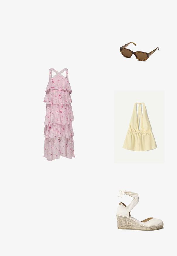 Keltainen toppi, jossa on joustava vyötärö, syvä V-kaula-aukko ja nauhat kaulassa. Sujuva puuvillakangas.; Vaaleanpunainen, kukkakuosiset maksimekko, jossa on kerroksittain olevia röyhelöitä, säädettävät ristikkäin menevät hihnat ja kevyestä kankaasta valmistettu mukavuutta varten.; Valkoinen kangaskenkä wedgesolistalla, jossa on nilkkaketju, juuttikuvioitu korko, pyöristetty kärki ja tekstuuripintainen päällinen. Korko on noin 7 cm.; Kilpikonnakuosisaurinkolasit, joissa on leveä, kulmikas kehys ja ruskeat linssit. Varret ovat hoikat ja niissä on sileä, kiiltävä pinta.; Kudottu olkakassi vaaleanruskeassa värissä, jossa on ruskea synteettinen nahkareuna, varustettuna kahdella lyhyellä kahvalla ja yhdellä pitkässä säädettävässä hihnassa.