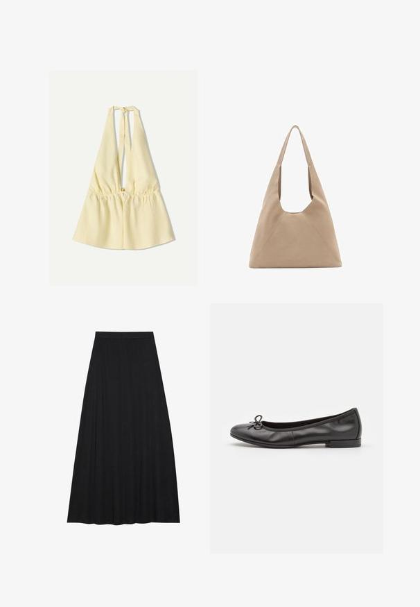 Gul halterneck top med elastisk talje, med en dyb V-udskæring og bindebånd i nakken. Glat bomuldsstruktur.; Sort maxi nederdel lavet af blødt, flydende stof. Den har en elastisk talje og en fuld A-linje silhuet med en glat tekstur.; Sorte læder balletflade sko med rund tå, en lille sløjfedetail på fronten og en lav, rektangulær hæl. Glat tekstur.; Beige stof totebag med en unik trekantet form, brede skulderstropper og synlige sømdetaljer for ekstra struktur.