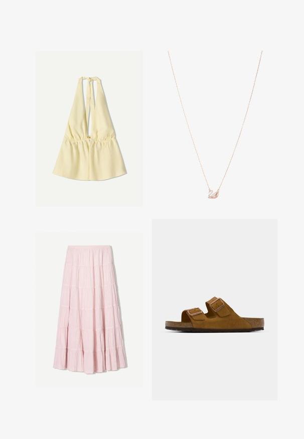 Sárga spagettipántos felső, rugalmas derékkal, mély V nyakkivágással és nyakra kötőkkel. Sima pamut anyag.; Világos rózsaszín, réteges maxi szoknya struktúrált, könnyű anyagból. Rugalmas derékrész és lebegő szegély fodros részletekkel.; Barna velúr csúszó szandál két állítható pánttal, parafa talppal és texturált gumitalppal. Minimalista tervezés, további díszítések nélkül.; Rózsaarany nyaklánc hattyú medállal, amelyet tiszta kristályok díszítenek. A lánc finom láncszemes kialakítású.