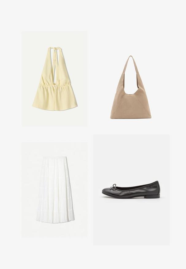 Žuta halter top s elastičnim strukom, s dubokim V izrezom i vezicama na vratu. Glatka pamučna tekstura.; Bijela maxi suknja od lagane tkanine s višeslojnim dizajnom i horizontalnim šavovima. Elastična pojasnica s lepršavim siluetom.; Crne kožne baletanke s okruglim vrhom, malom mašnom sprijeda i niskim kvadratnim potpeticama. Glatka tekstura.; Bež torba od tkanine s jedinstvenim trokutastim oblikom, širokim naramenicama i vidljivim detaljima šavova za dodatnu strukturu.